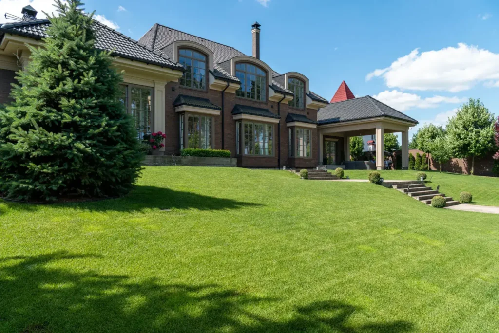 Large property with a wide, well-kept lawn on a bright day