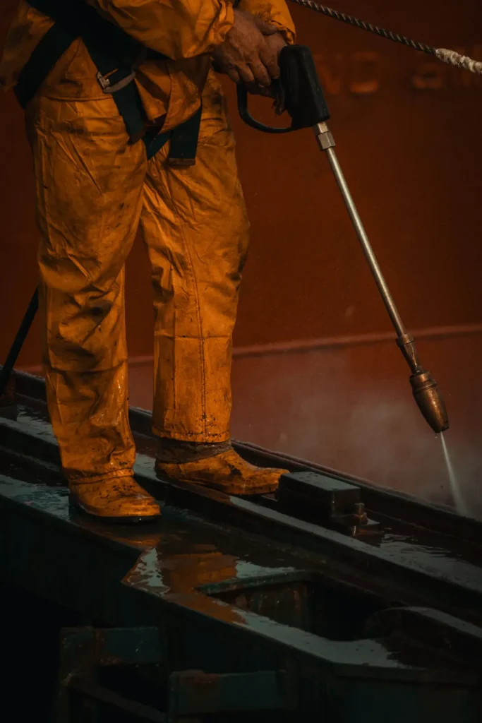 Worker in protective gear operating a pressure washer outdoors